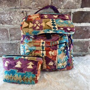 Handmade Quilted Aztec Pattern Backpack & Pouch Set In Multicolor Fabric